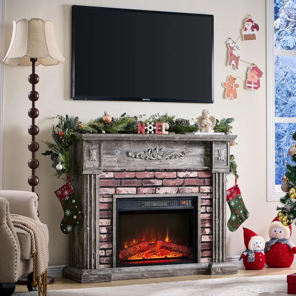 43 Electric Fireplace with Mantel, Electric Fireplace Heater, TV Stand w/Freestanding Electric Fireplace,Stacked Stone Surround