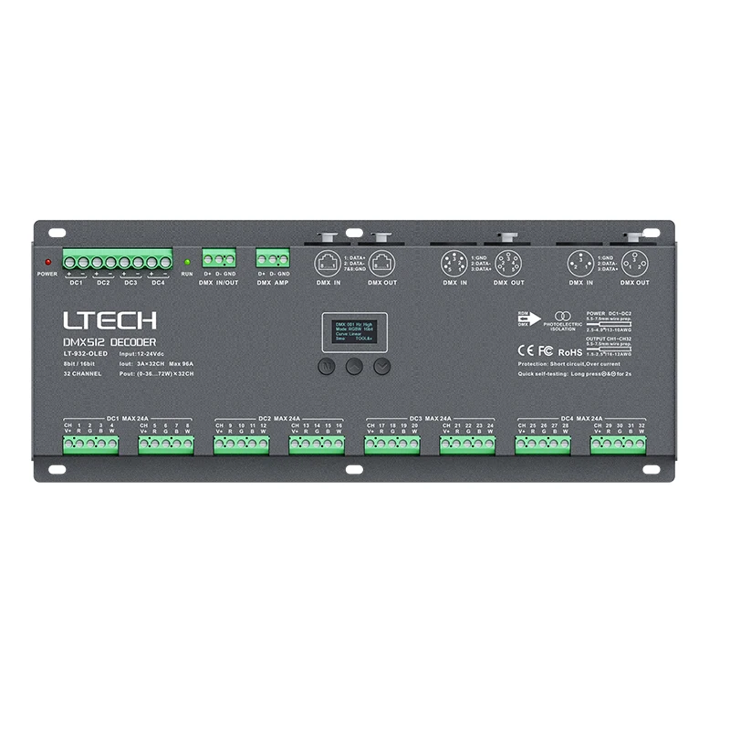 Imagem -03 - Controlador do Decodificador do Ltech-led Tira do Rgb Rgbw Xlr3 Porto Rj45 16 24 32 Canais Dmx Dc1224v 3a x 24ch Saída 96a Máxima