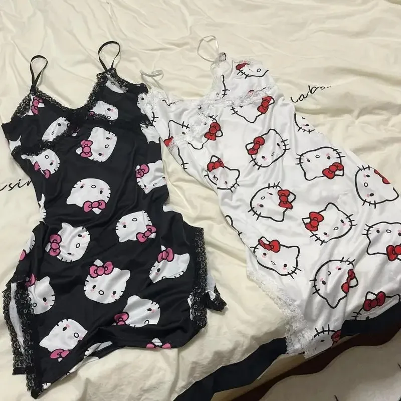 Sanrio New Cartoon Character Hello Kitty Kawaii Women\'s Home Hollow Tulle Clothing Sexy Suspender Dress Indoor Pajamas Gift