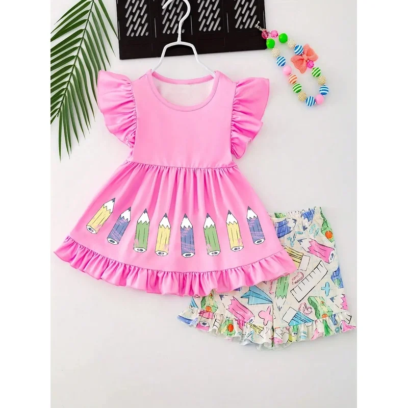 Children's Reverse Pencil Print Dress Set with Elastic Waist Short Skirt And Stationery Printed Shorts Casual Elegant Style