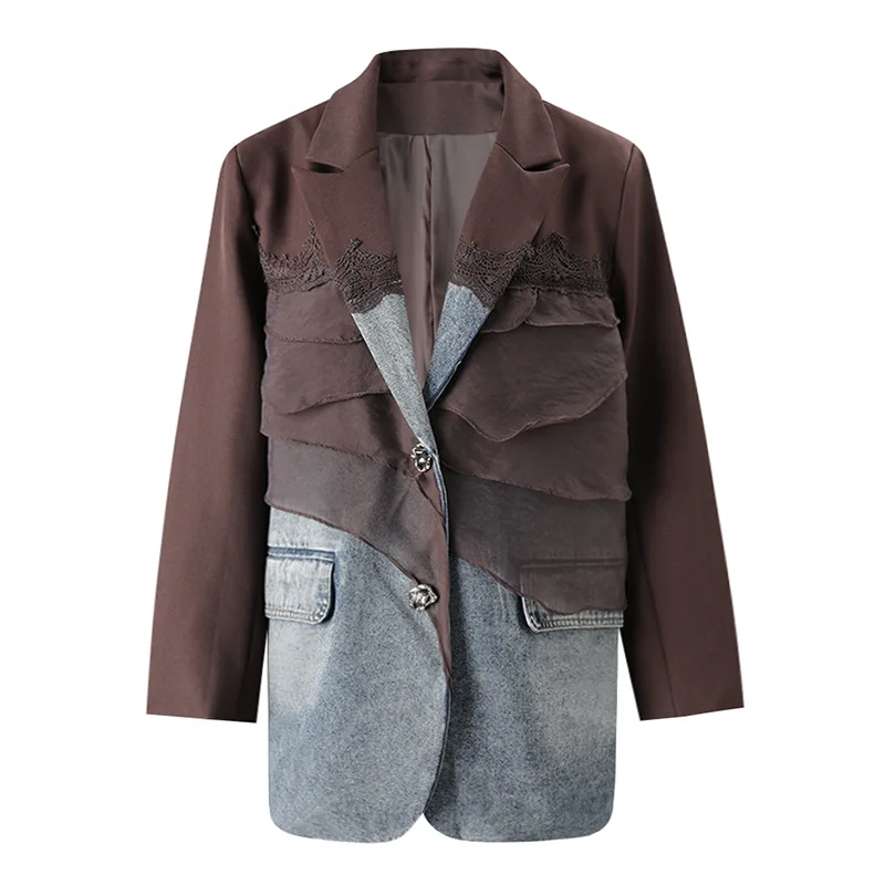SuperAen Autumn New Asymmetrical Patchwork Tierred Lace Gray Suits Fashion Long-sleeved Denim Pocket Design Women's Coats