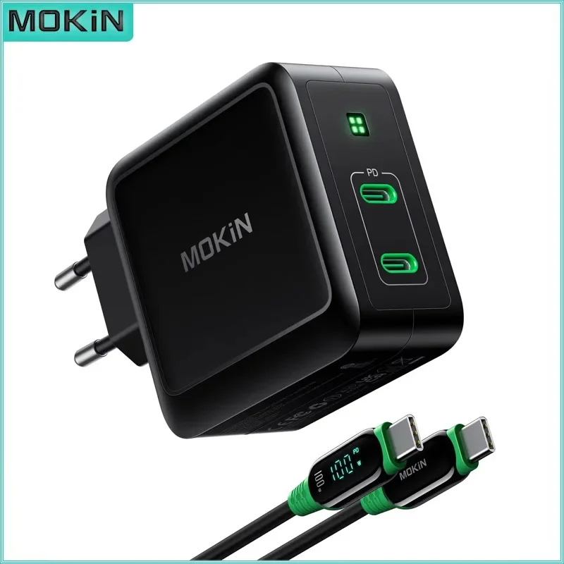 MOKiN 100W Fast Charging USB C GaN Charger for MacBook Pro Charger 2 Port Type-C Wall Charger with 4ft C to C LED Cable