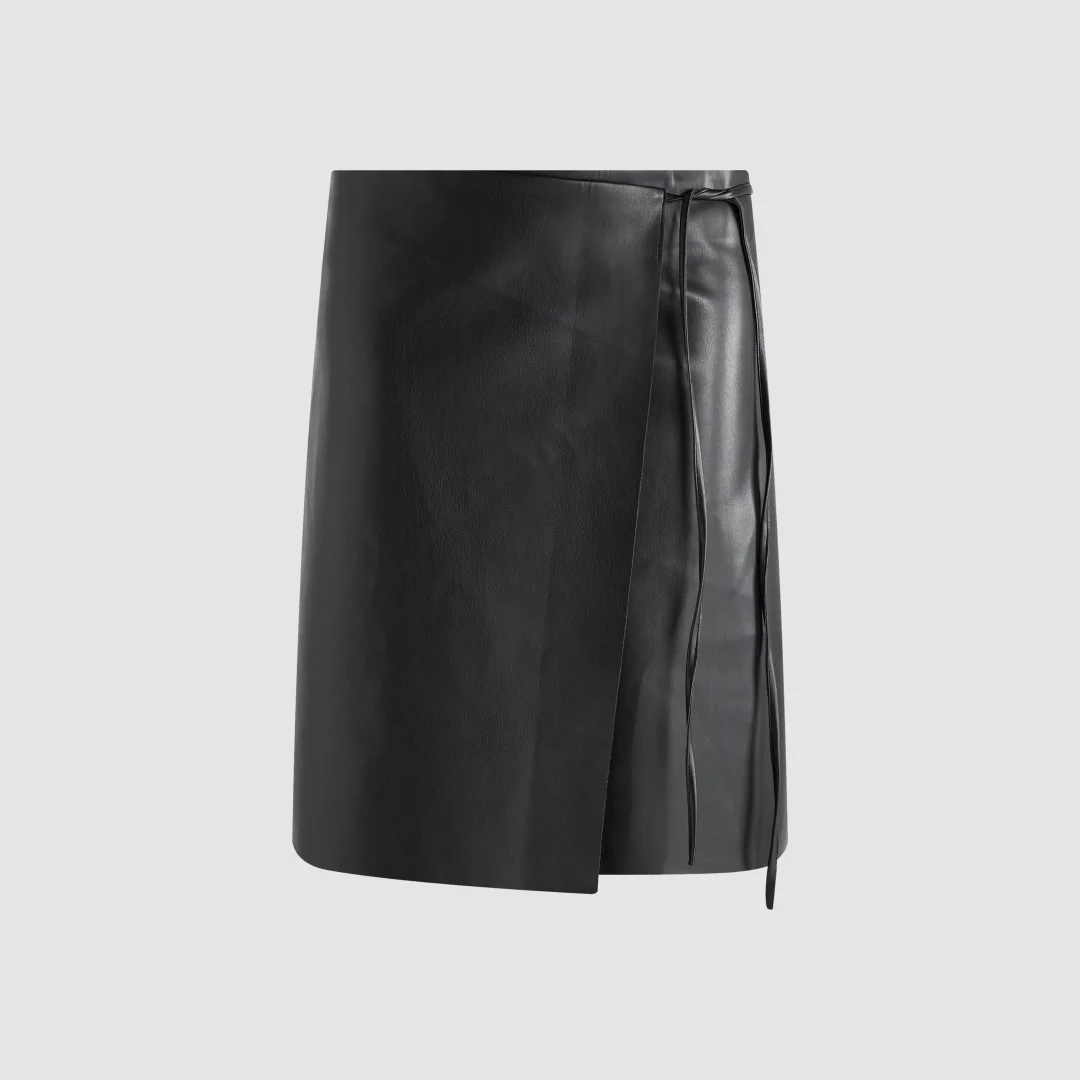 2026 Women's Black Egg Leather Wrap Skirt High Waist Side Tie Mini Skirt Soft PU Faux Leather Asymmetrical Short Skirt