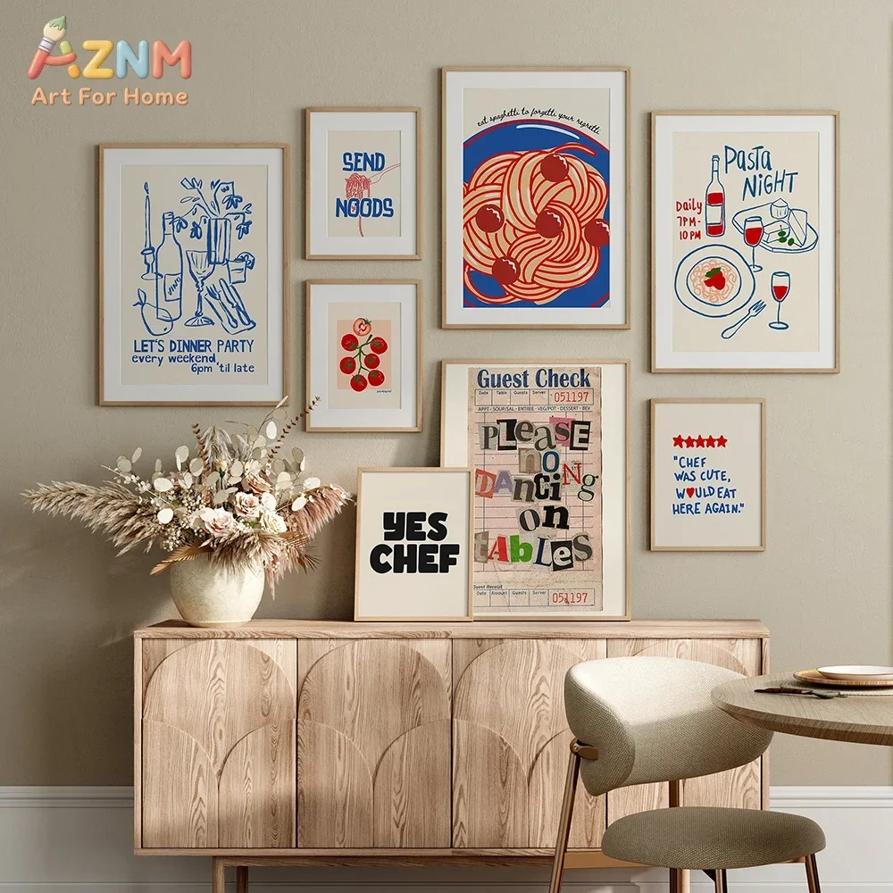 AZNM Retro Kitchen Canvas Wall Art Pasta Wine Tomato Funny Quote Food Illustration Dining Room Unframed Decor Print