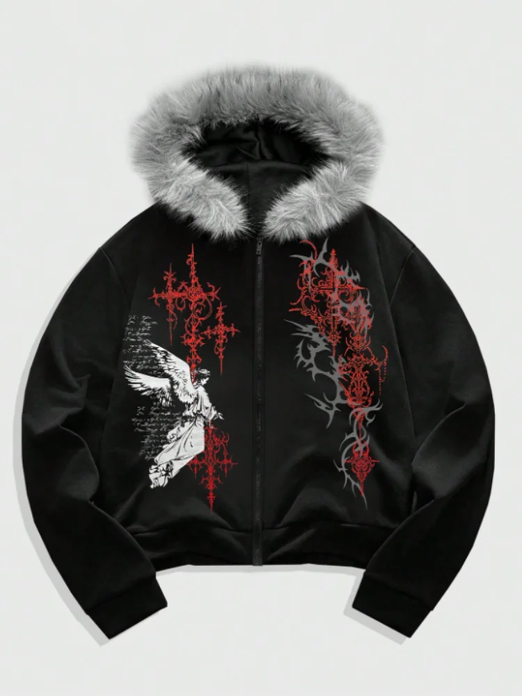 

Женская укороченная куртка Y2K в уличном стиле, черная, с меховым капюшоном, декорированная принтом «Ангельские шипы и крест», на молнии, приталенная, 2026
