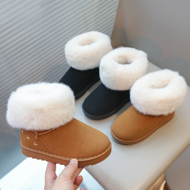 

Детские зимние ботинки для мальчиков и девочек, детские ботильоны унисекс, толстые плюшевые, пушистые, теплые, осень-зима 202, обувь из флока для девочек