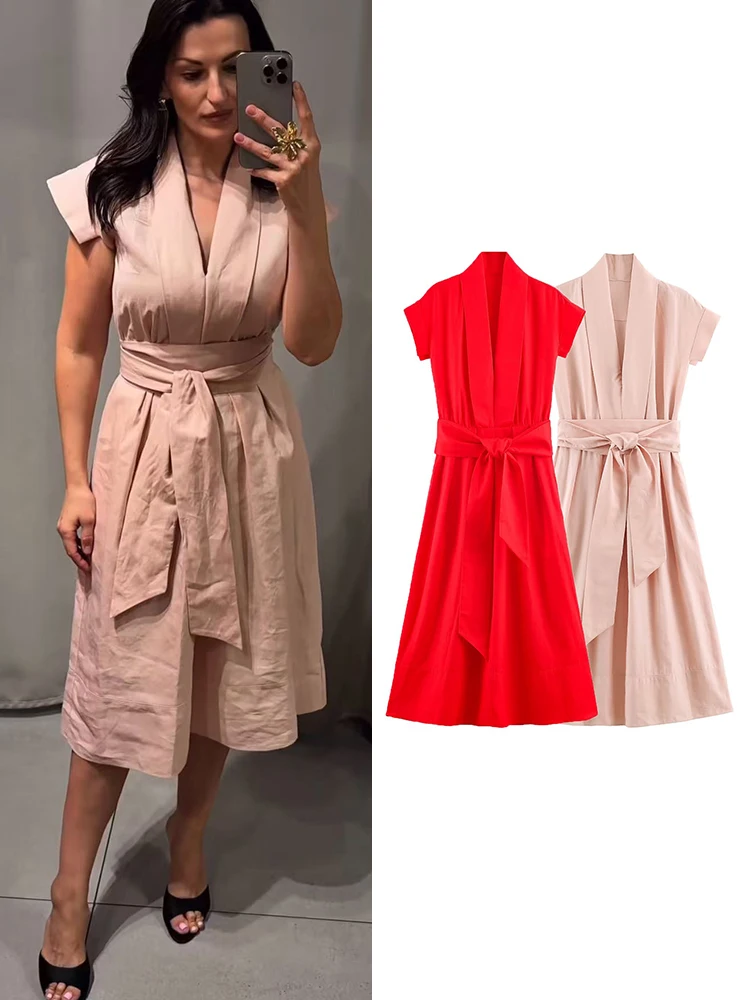 2026 Damen Pendler-Plisseekleid – Neues Sommerkleid mit hoher Taille, kurzen Ärmeln, V-Ausschnitt und Gürtel – Modisches, einfarbiges, schlichtes, schmales Midikleid