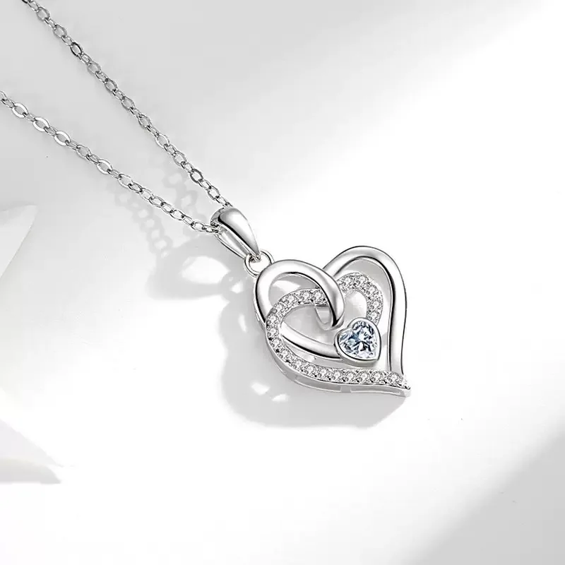 Withered S925 Sterling Silver Double Heart Set Diamond Necklace For Women Versatile And Heart To Heart Pendant Accessory