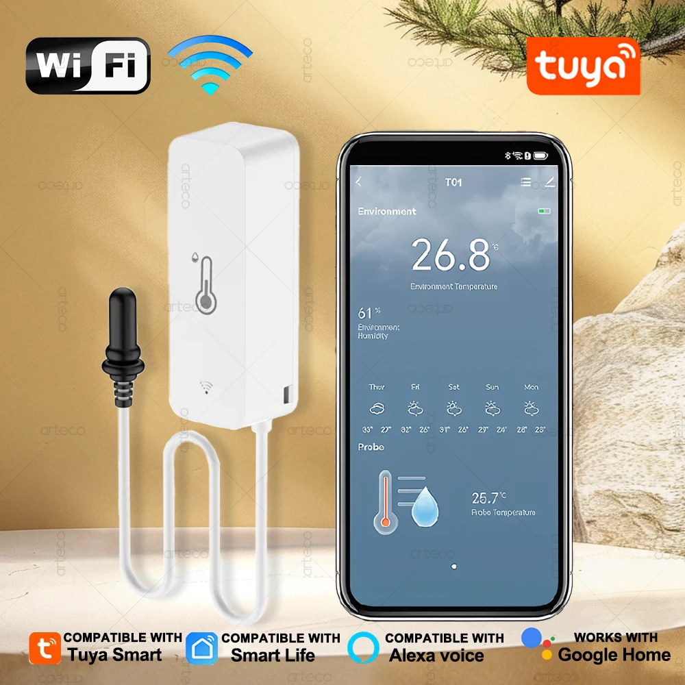 Tuya WiFi Temperature Humidity Sensor with External Probe Wireless Hygrometer Thermometer App Monitor For Refrigerator Fish Tank