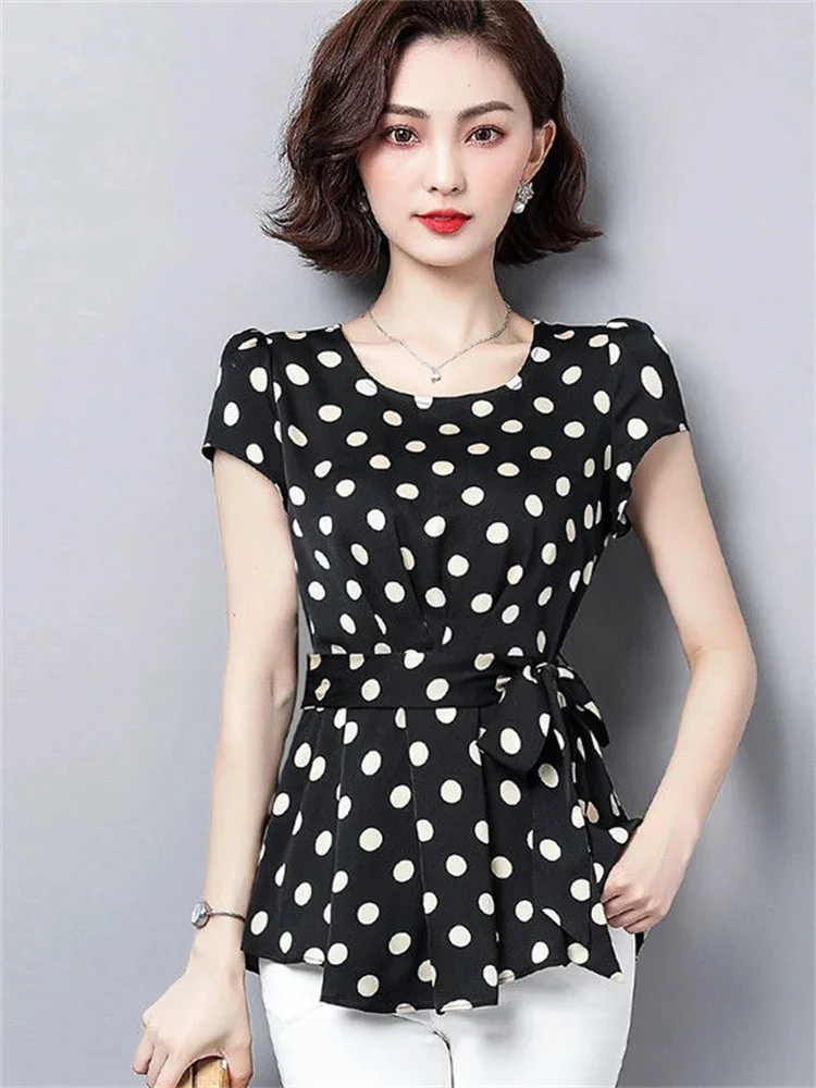 Women Casual Summer Style Chiffon Blouses Shirts Lady Short Sleeve O-Neck Polka Dot Printed Blusas Tops