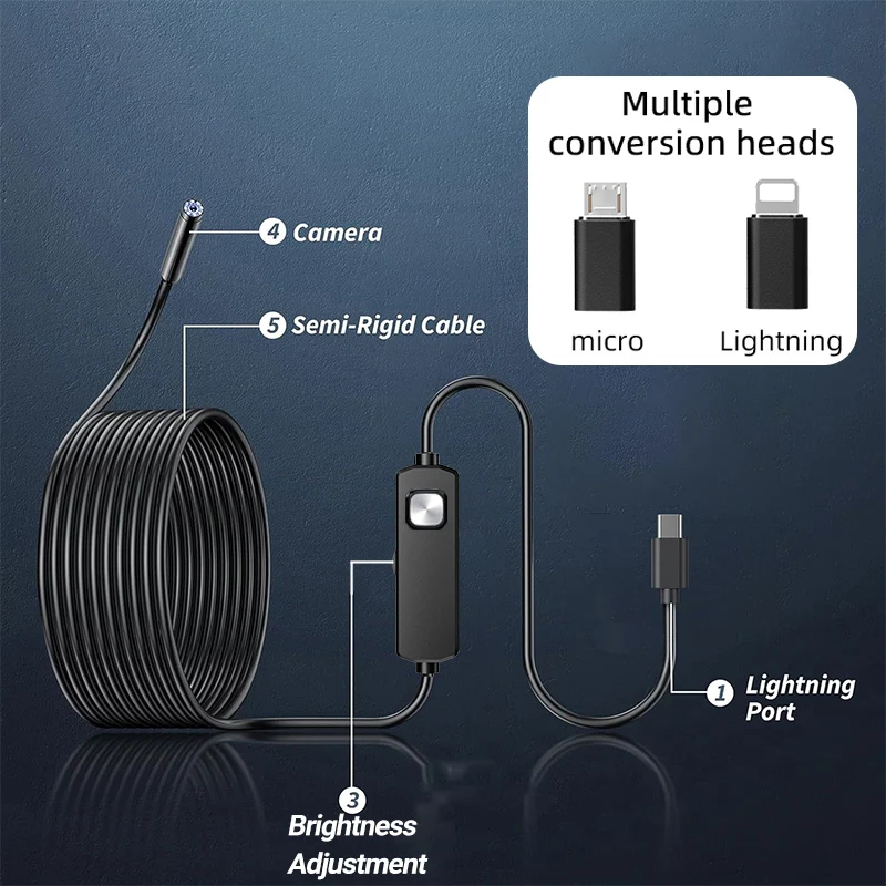 USB Endoscope for OTG Android Phone 8mm Borescope Inspection Snake Camera with 8 Adjustable LED Lights For Type C