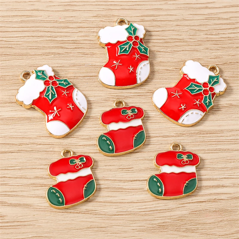 10 Stück niedliche Emaille-Weihnachtssocken-Anhänger für die Schmuckherstellung, Halsketten, Ohrringe, Armbänder, Accessoires, DIY-Bastelarbeiten, Geschenke – Detail 4