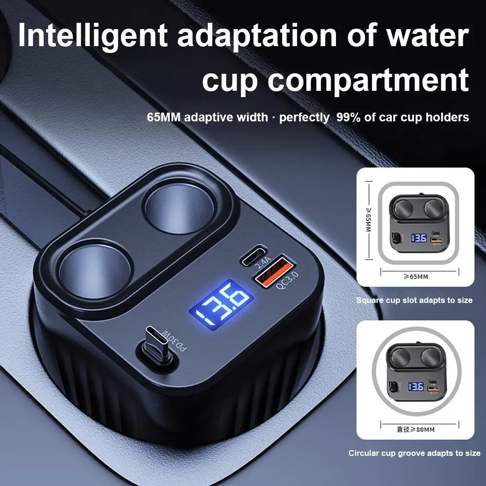 6 in 1 Cigarette Lighter Adapter Cup Holder 60W Car Lighter LED Adapter Voltmeter PD with Cigarette Charge Charger I7M0