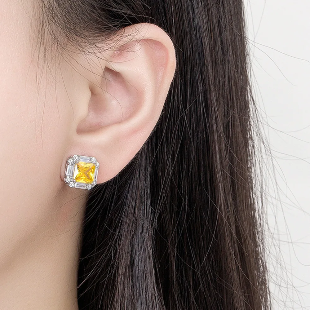 Sterling Silver Color Yellow Gem Square Ear-Sticks Women\'s Earrings Fashion Jewelry