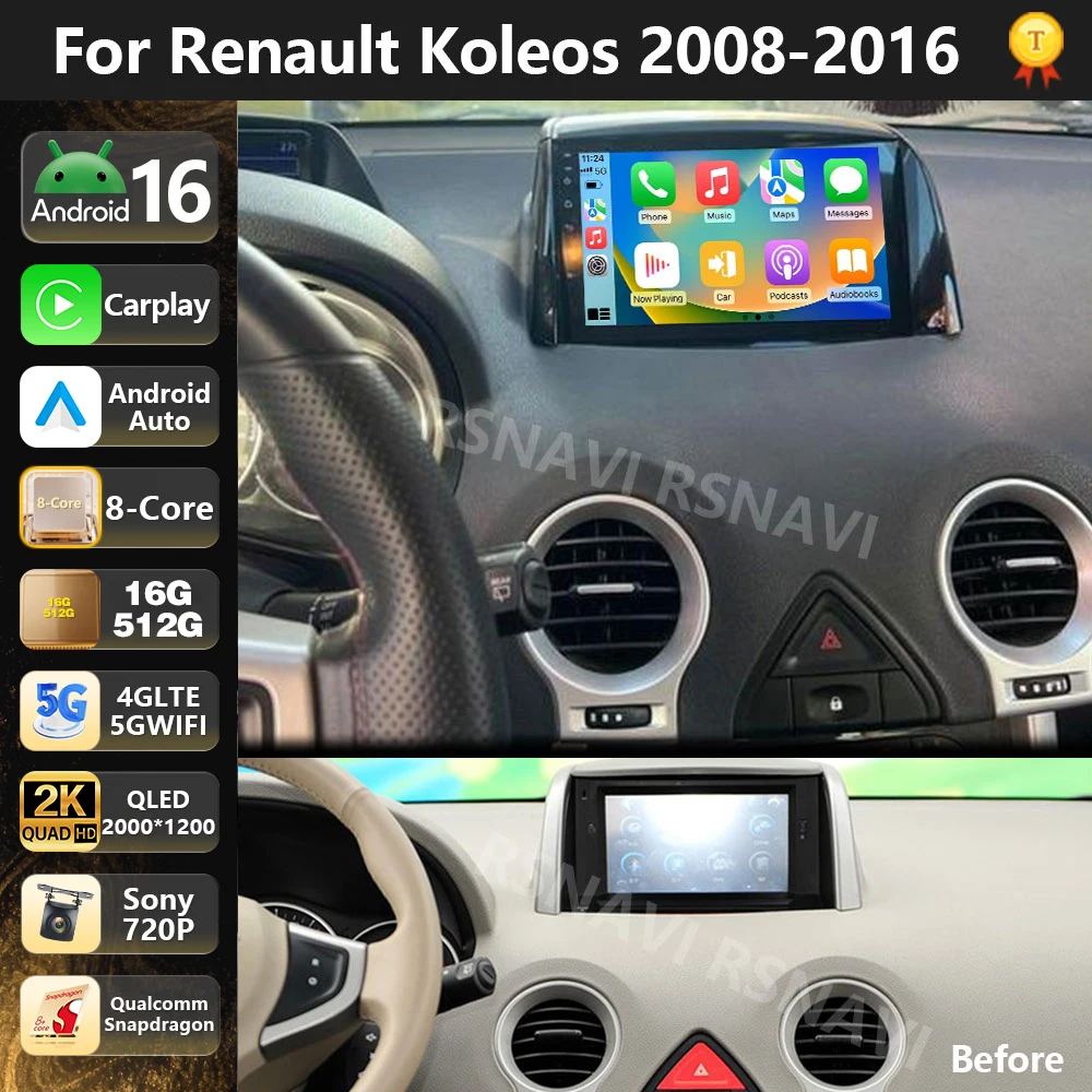 Radio Multimedia para Auto con Qualcomm Android 16 para Renault Koleos 2008 - 2016, Auto Carplay, Estéreo para Auto, DSP, wifi+4G, BT, GPS