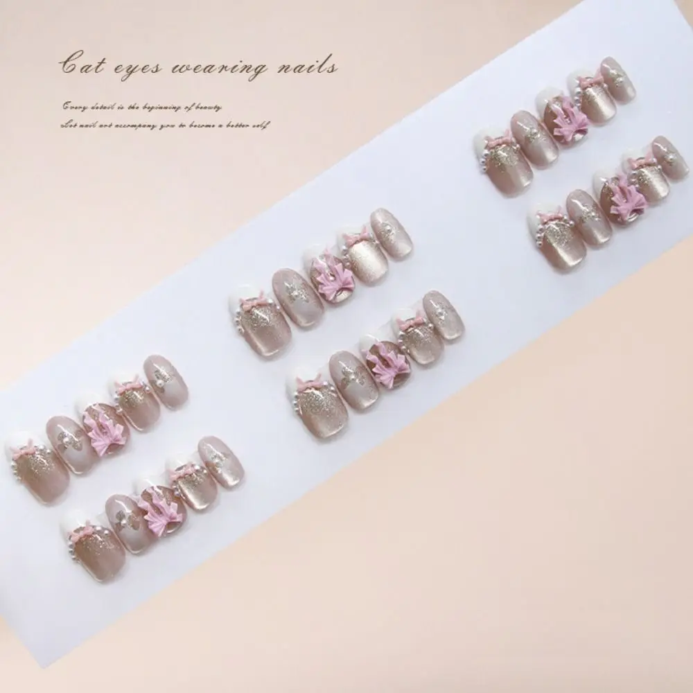 Manicure Long Almond False Nails Simple French Fake Nails Sweet Pink Bow Dot Dancing Butterfly Nail Tips DIY