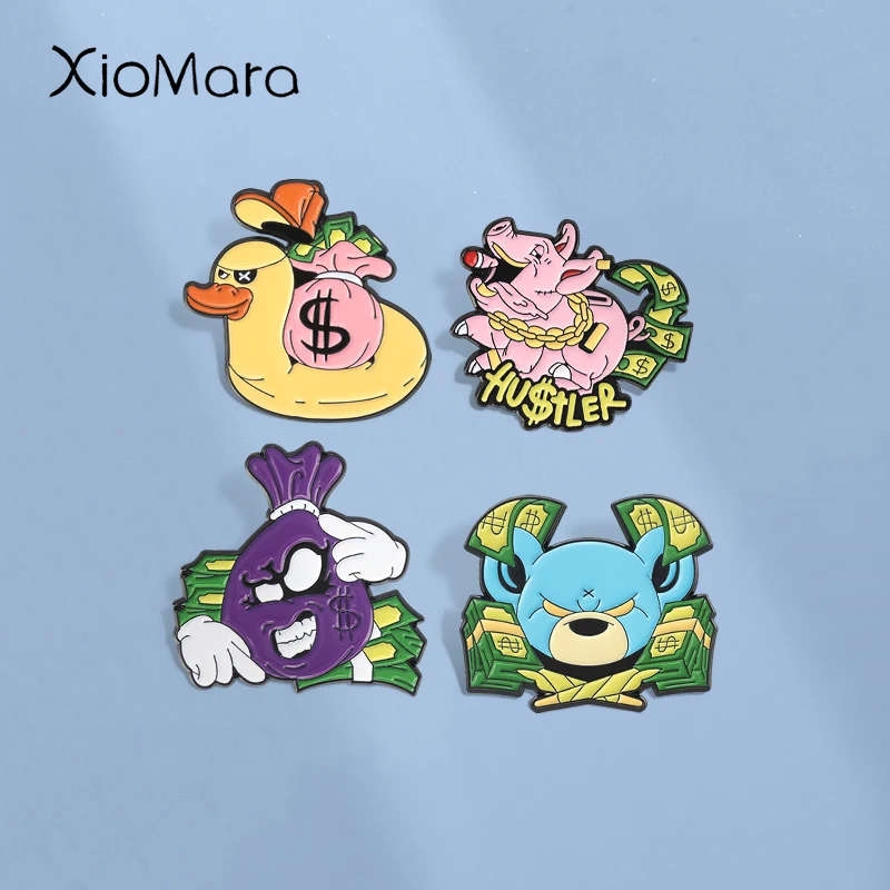 Alfileres esmaltados con signo de dólar de dibujos animados, broches personalizados para bolsa de dinero de cerdo de la fortuna, insignias de solapa, ropa, joyería de animales, regalo para amigos