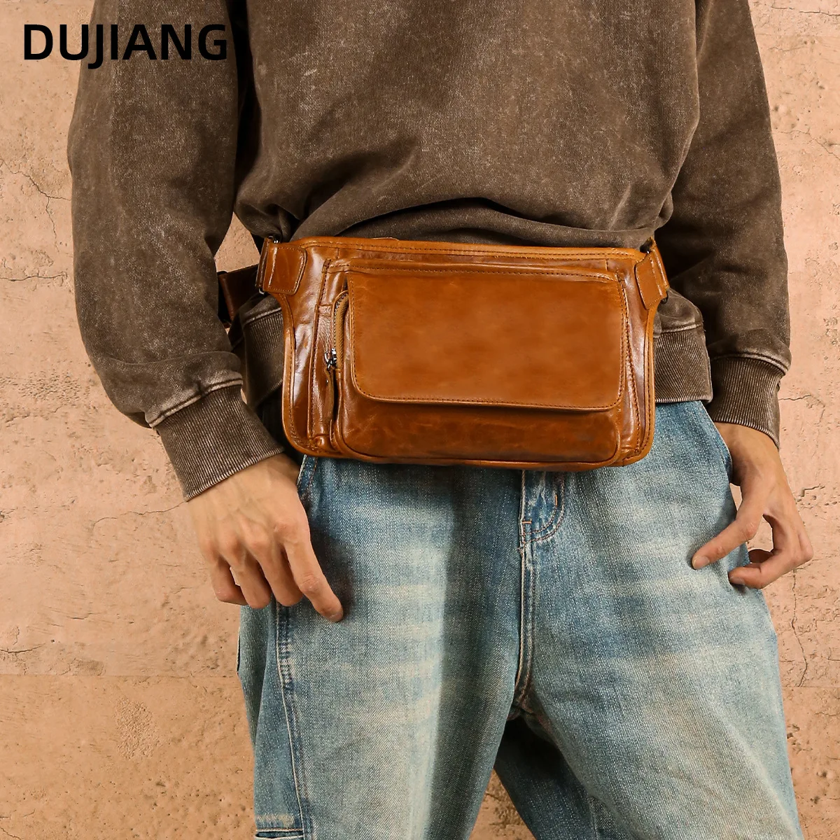 

Real leather waist bag retro cross-body men's bag commuting close large capacity waist bag multi-purpose shoulder backpack