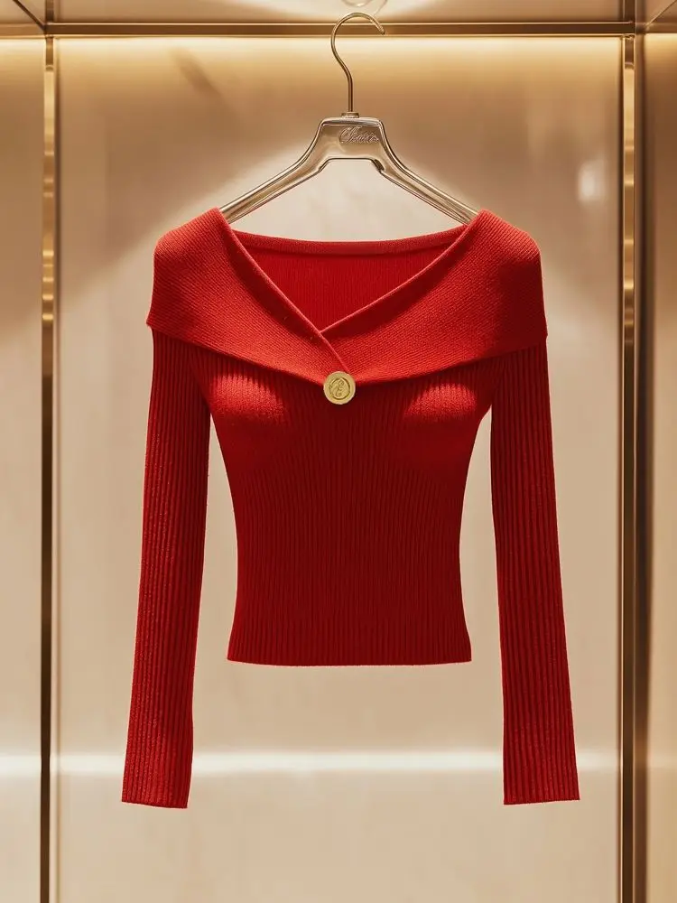 Wine Red Knitted Sweater Women\'s New High-end Chic Interior Top with a Base Layer