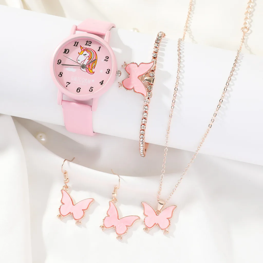 【นาฬิกา+เครื่องประดับ】 นาฬิกาเด็กยูนิคอร์น นาฬิกาควอทซ์สาวสีชมพู ชุดเครื่องประดับผีเสื้อ ของขวัญเด็กผู้หญิง ไม่มีกล่อง