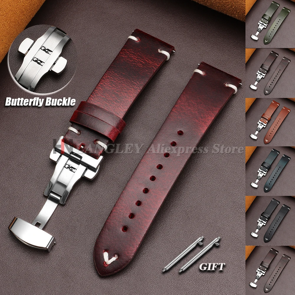 

Винтажный масляный воск кожаный ремешок для часов, браслет для Seiko, пряжка-бабочка, мужской и женский ремешок из воловьей кожи для Omega 18 мм, 20 мм, 22 мм
