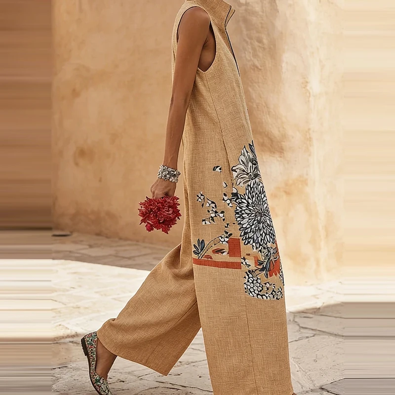 2026 Spring Stand Collar Zipper Playsuit Retro Floral Print Loose Women's Jumpsuit New Summer Sleeveless Wide Leg Pants Overalls view 4