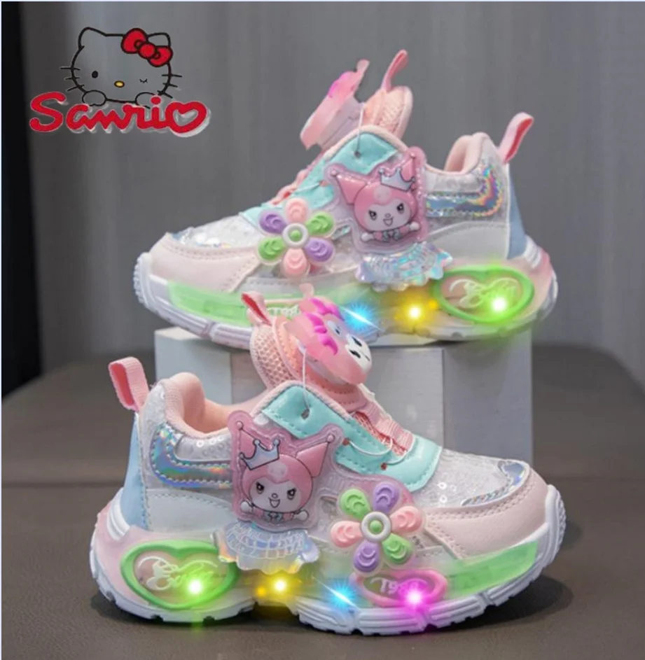 Kuromi LED Shoes Sanrio Kids Luminous Shoes Kawaii Kuromi Tennis Shoes Girls Casual Sneakers Lighted Rotating Button Shoes