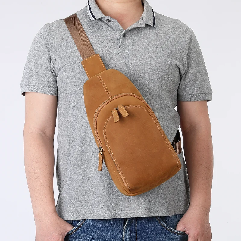 100%Genuine Leather Chest Bag Casual Triangle Crossbody Design Travel Shoulder Backpack Men Leather Multifunctional Bag