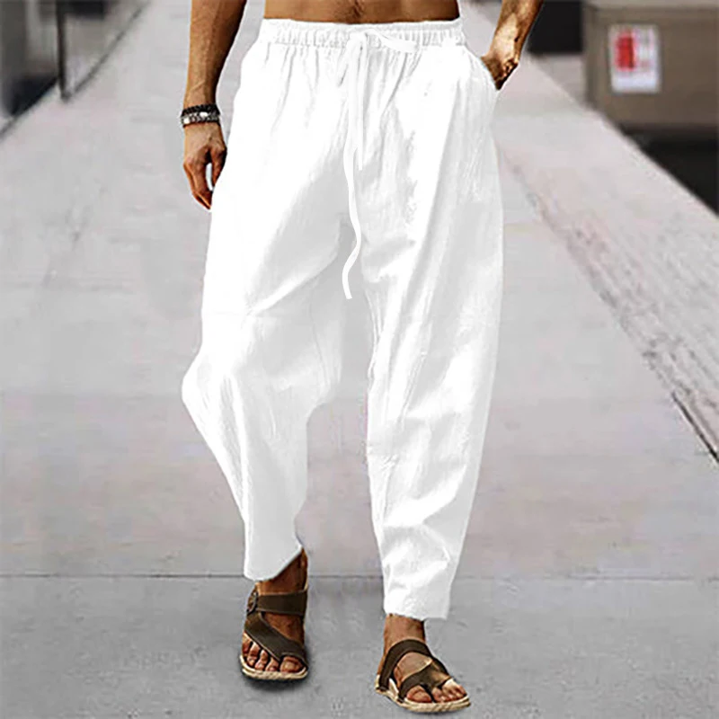 2023 Spring Summer Men\'s Casual Beach Long Pant Solid Color Loose Drawstring Cotton Linen Trousers Men Leisure Fashion Pants