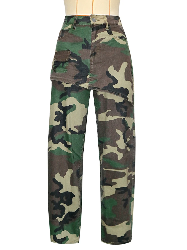 JENYAGE Damen Locker Geschnittener Vintage Camouflage-Rock mit Überwurf, Weite Hosen mit Hoher Taille, Camouflage-Muster mit Taschen, Streetwear Baggy Jeans – Detail 11
