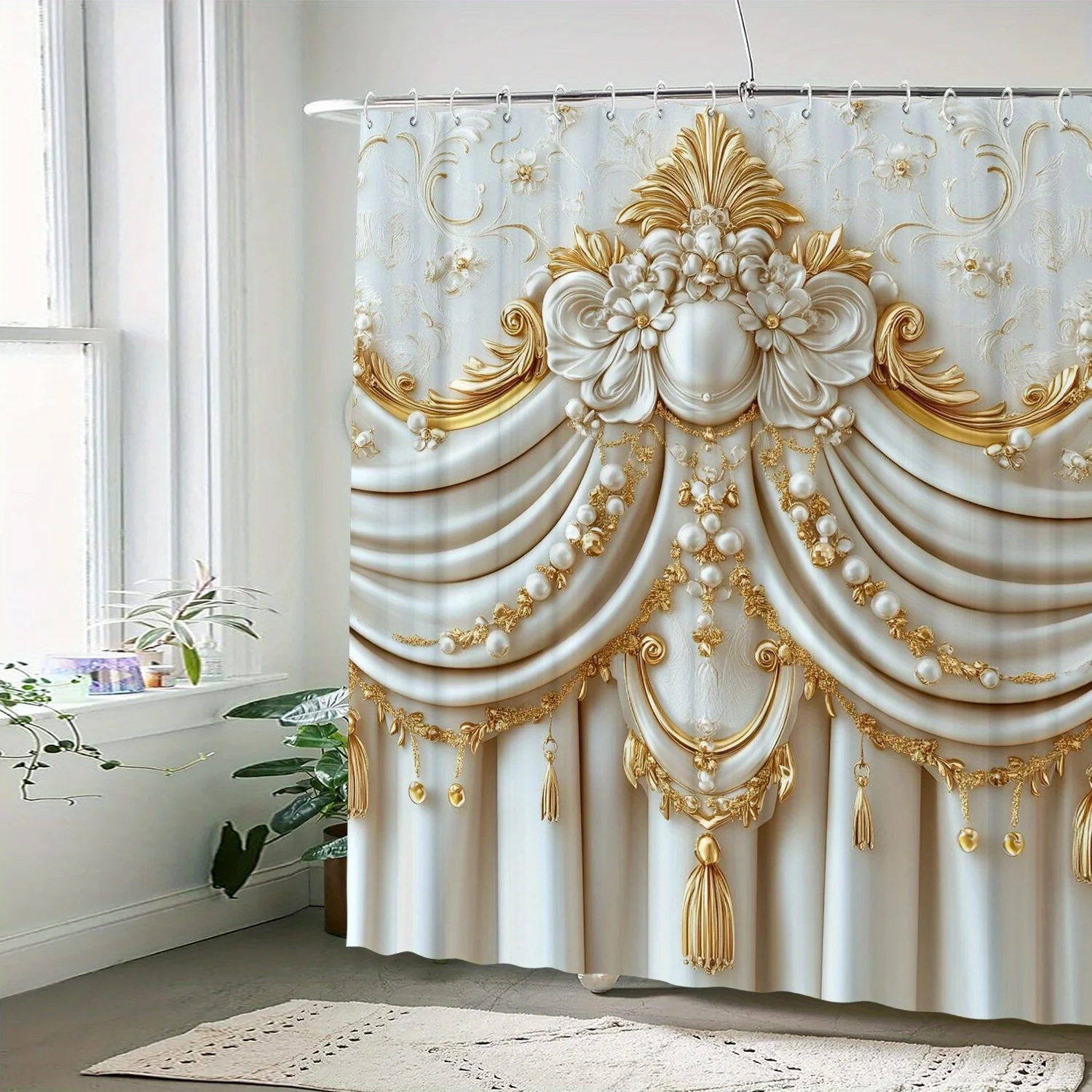 Luxury European Baroque Golden Pearl Curtain Effect Printed Shower Curtain Waterproof Mildew Resistant With Plastic Hooks Quick