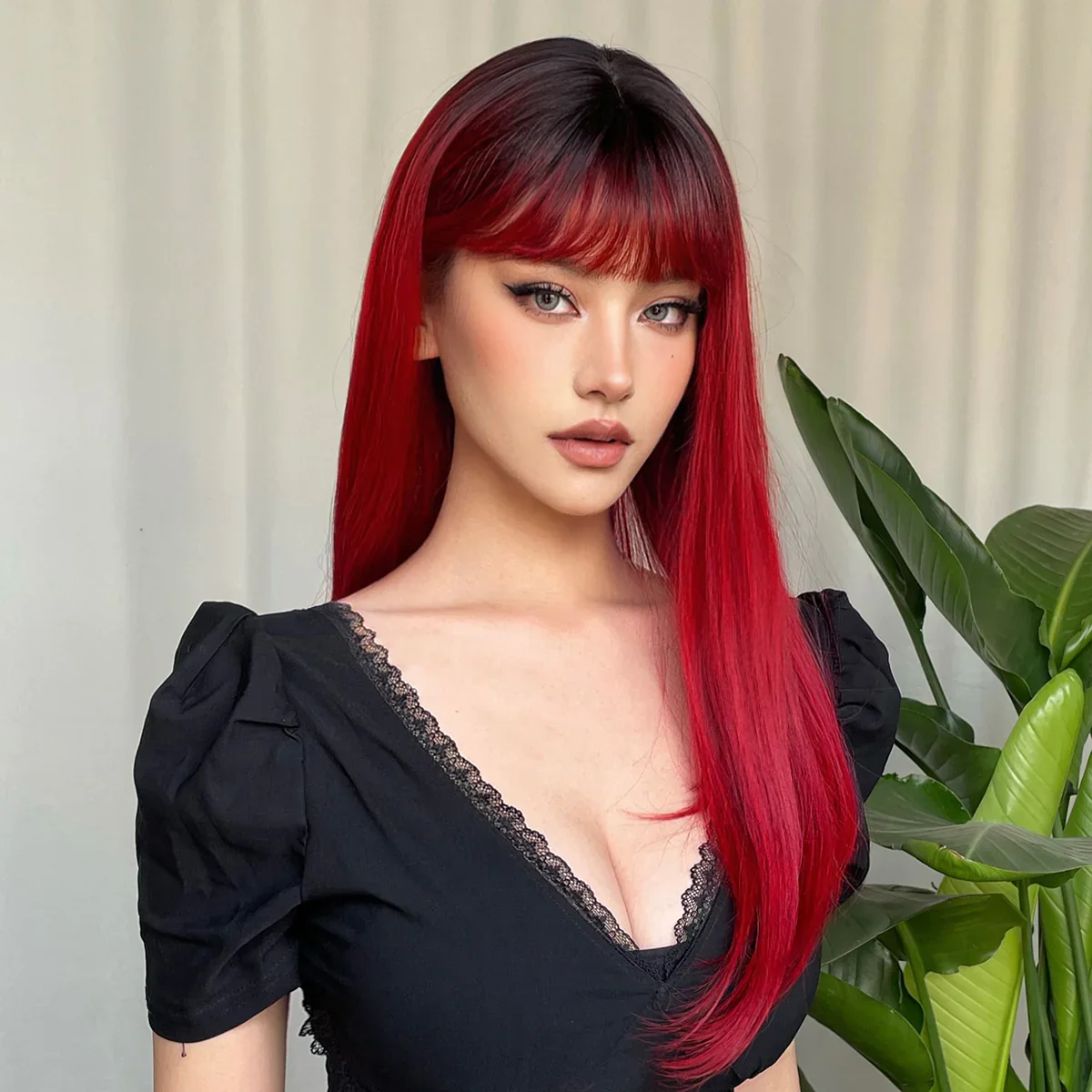 HENRY MARGU Ombre Red Long Straight Synthetic Wig Dark Roots Wigs with Bangs Red Color Daily Party Hair for Women Heat Resistant