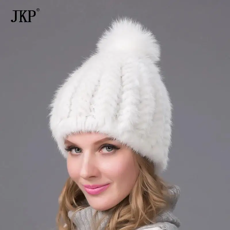 2024 New Fashion Winter Warm Hat Genuine Mink Fur Ball Cap With Copious Female Beanie Knit Cap and Liner 6 Colors BZ-11