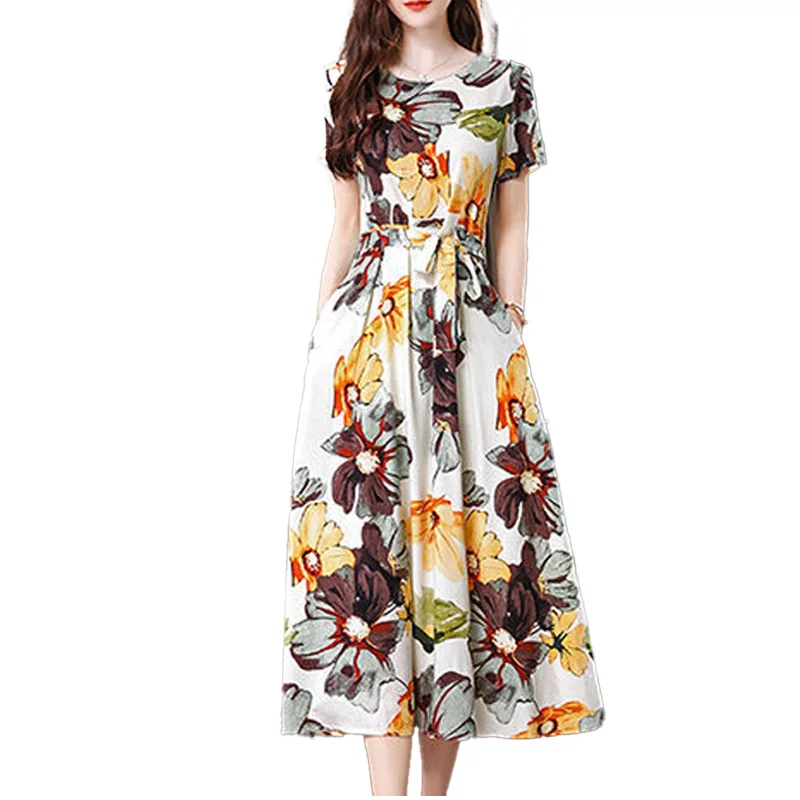 2023 New Summer Fashionable Temperament Commuting Elegant and Graceful Round Neck Printed Waist and Belly Covering Dress