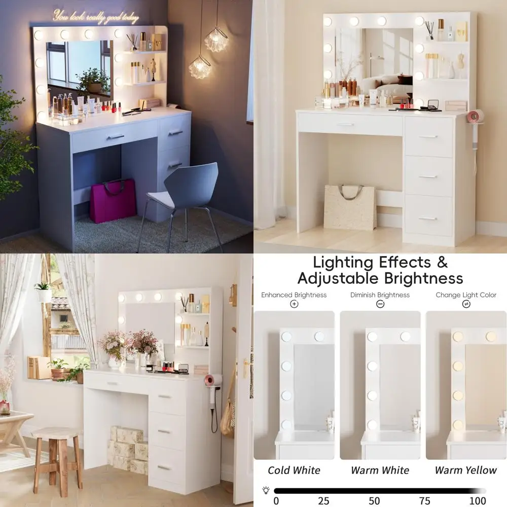 35.4 Inch LED Lighted Makeup Vanity Desk with Power Outlet, 4 Drawers and 3 Storage Shelves