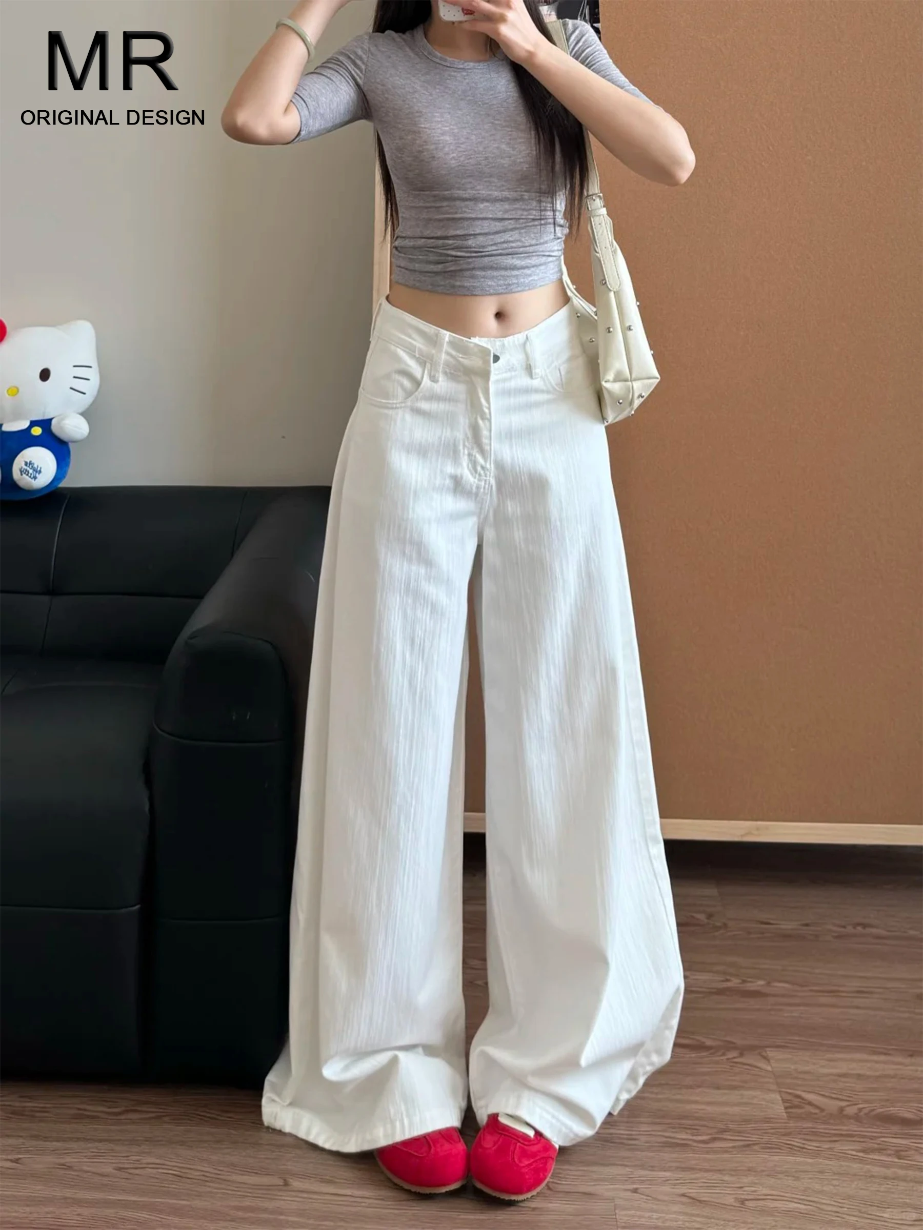 

Белые женские джинсы в американском минималистичном стиле с широкими штанинами и эффектом бамбукового узла, летние свободные драпирующиеся брюки с высокой талией, повседневные джинсы для похудения