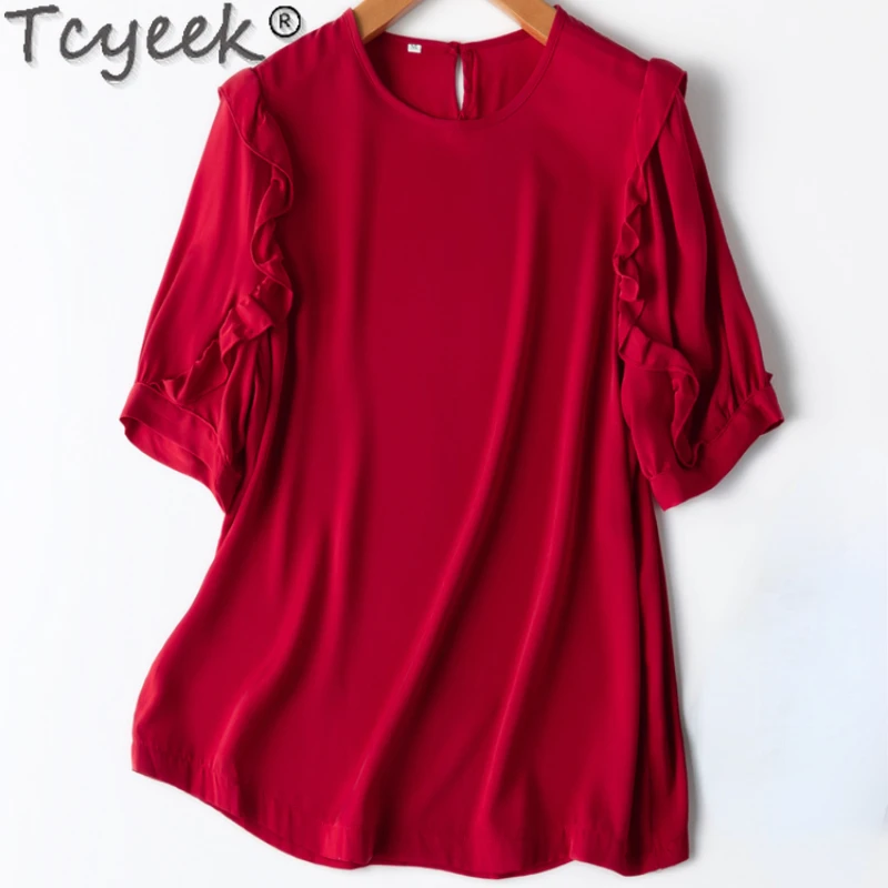 Tcyeek 93% Mulberry Silk Womens Tops T-shirts for Women Elegant T-shirt 2024 20MM Real Silk Blouse Summer Clothes Short Sleeve