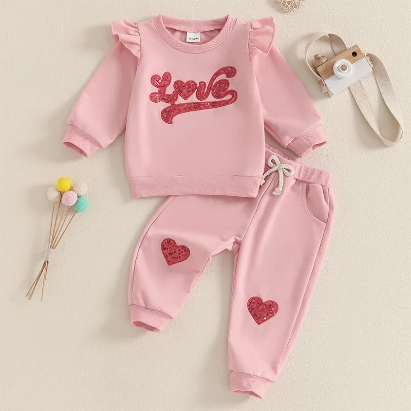 Tregren Toddler Newborn Baby Girl Clothes Long Sleeve Letter Heart Sequin Print Ruffle Sweatshirt Pants Clothes 2PCS Outfits Set