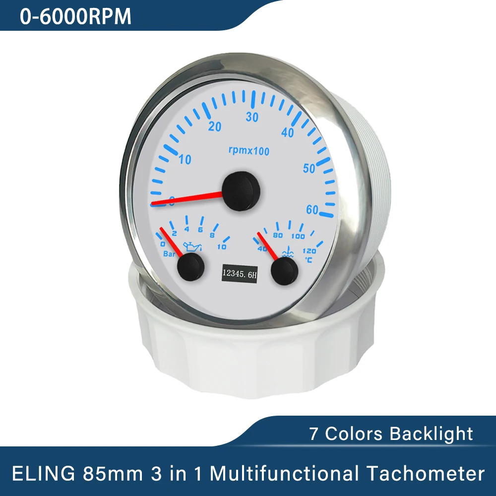 

ELING 85mm 3 in 1 Multifunctional 0-3000RPM 0-8000RPM Tachometer with Oil Pressure Water Temp 7 Colors Backlight for Car Boat