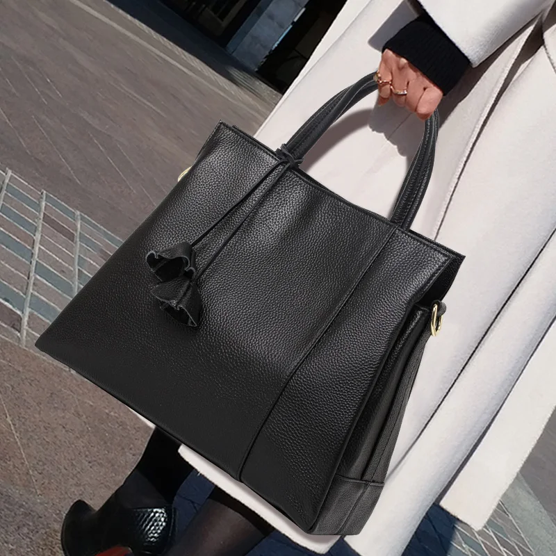 Genuine Cowhide Leather Women Tote Bag, Minimalist Pebbled Handbag with Tassel Decor, Multi-Pocket Large Capacity Purse