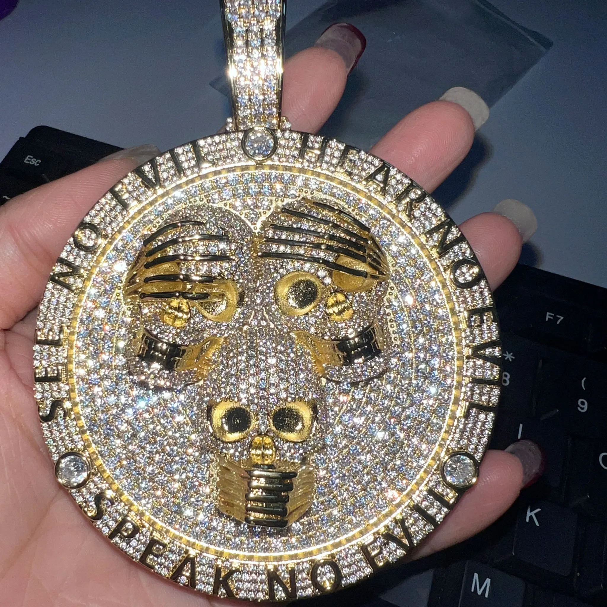 Hip hop three skull letter pendant necklace CZ rap style men's round cut jewelry Party Gift Fashion Charm unique gift
