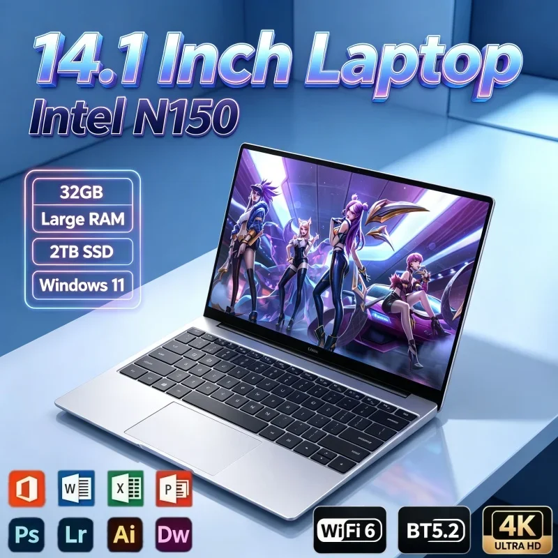 14.1 Inch Thin Portable Notebook PC Intel N150 32GB RAM 2TB Large Capacity SSD Windows 11 Laptop For Office And Web Learning
