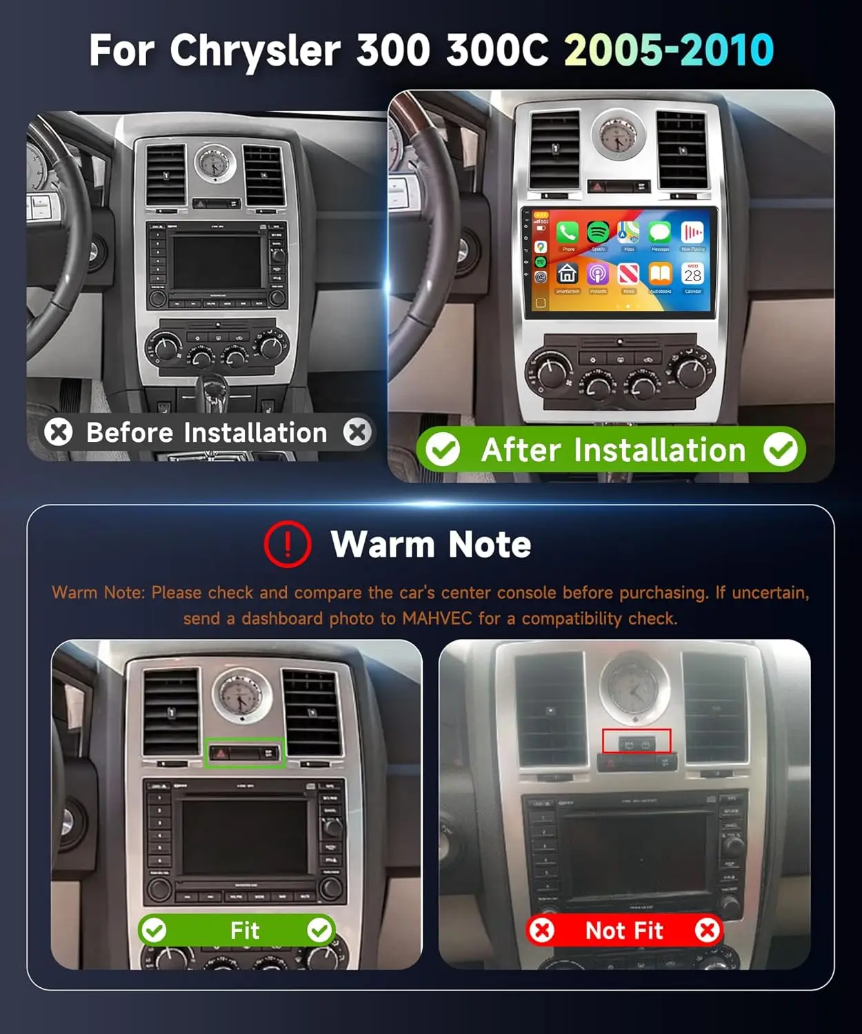 2GB+64GB Car Stereo for Chrysler 300 2005-2010, 9' IPS Touchscreen, CarPlay, Android Auto, DSP, WiFi, GPS, FM/RDS, Camera