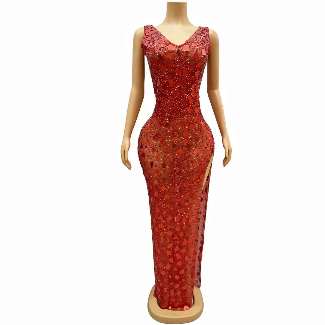 

Luxurious Sexve Red Long Dress Backless Slim Wedding Celebration Stage Wear Crystals Sequins Bling Evening Party Clothing