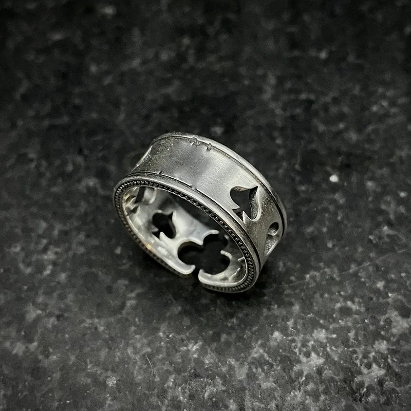 Vintage Blackened Silver Poker Club & Diamond Open Ring Handmade Hip Hop Style Unisex Finger Ring