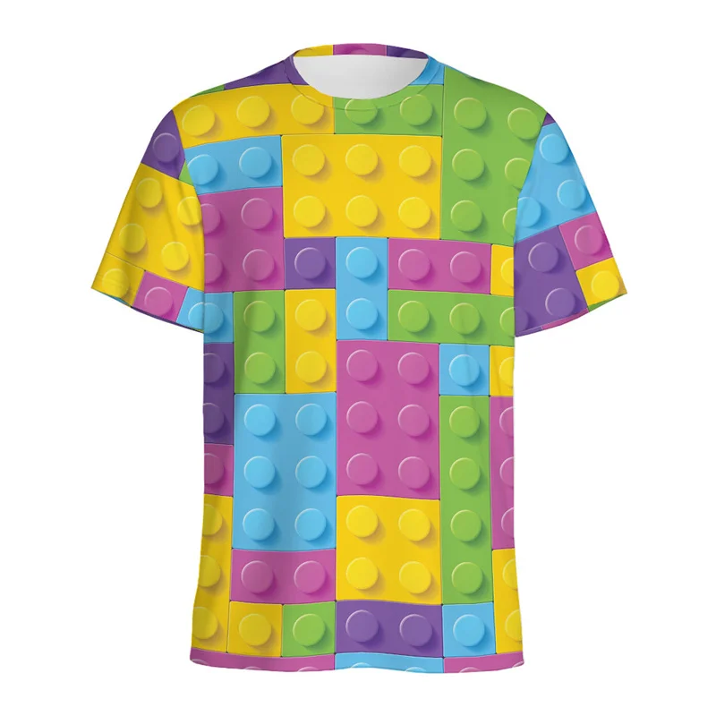 Men Jigsaw Puzzle Video Games Pattern T-Shirt Loose Street Short Sleeves Y2k Tee Shirts Retro Building Block 3D Printed T Shirt