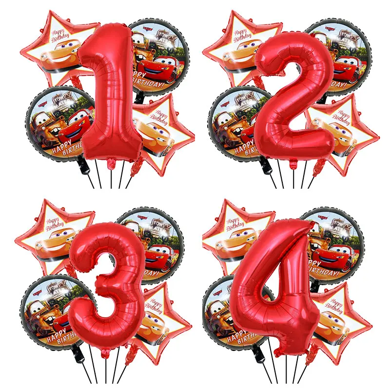 Ensemble de ballons en feuille d'aluminium mignons en forme d'étoile à cinq branches, thème voiture McQueen, chiffres 1-9, pour fête d'anniversaire d'enfants, décoration de baby shower