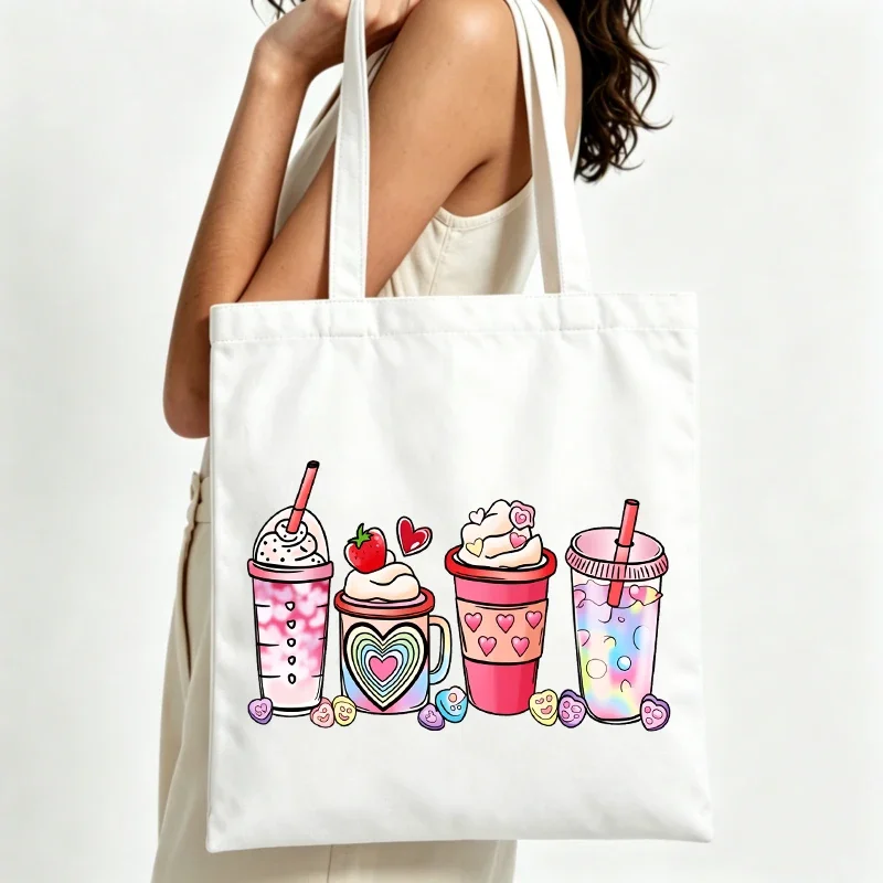 Women's canvas tote bag with colorful drink graphics, perfect for casual daily use and summer outings