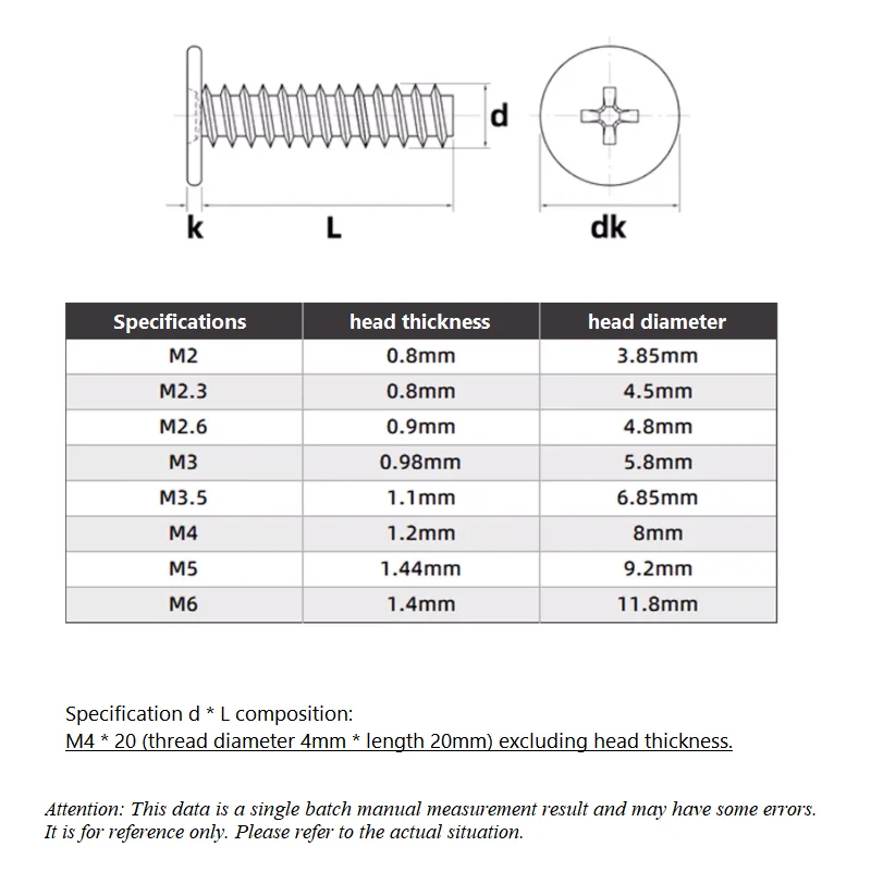 Flat Head Cross Flat Tail Self-tapping Screws M4 M5 M6 Thin Head Flat Head Screws 304 Stainless Steel
