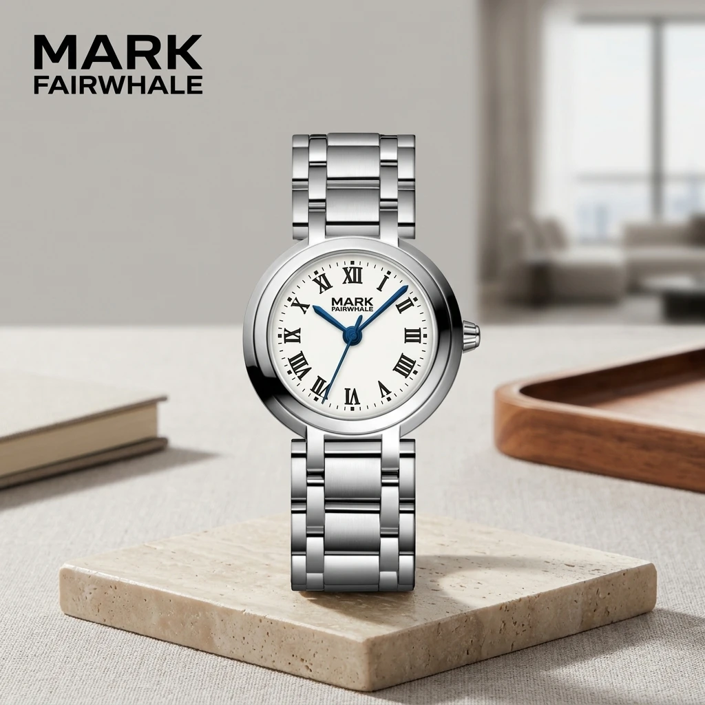 Mark Fairwhale Elegant Ladies Quartz Watch Round Case Roman Scale Dial Simple Silver Metal Strap Female Wrist Watch